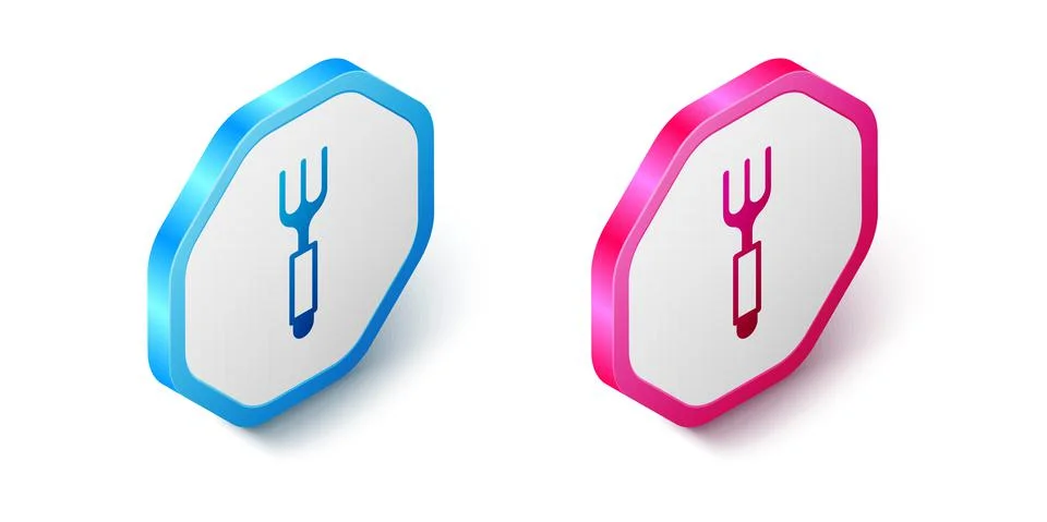Isometric Fork icon isolated on white background. Cutlery symbol. Hexagon button Stock Illustration