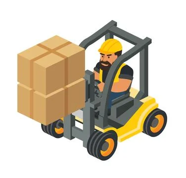 Isometric forklift with driver transporting stacked cardboard boxes. Indust.. Stockillustratie