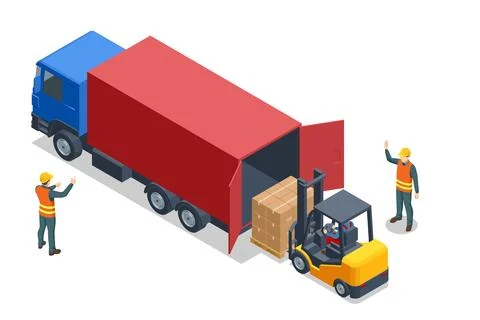 Isometric Forklift Tractor Loading Package Boxes on Pallet into Cargo Container Stock Illustration