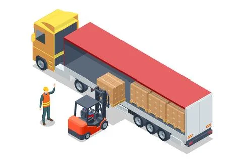 Isometric Forklift Tractor Loading Package Boxes on Pallet into Cargo Container Stock Illustration