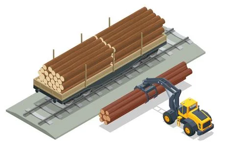 Isometric freight train loaded with pine trunks showcases a powerful locomotive Stock Illustration