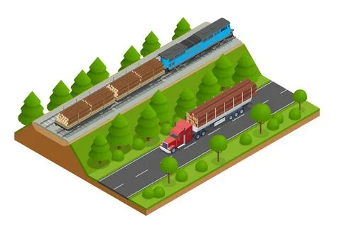 Isometric freight train loaded with pine trunks showcases a powerful locomotive Stock Illustration