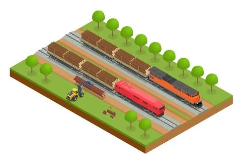 Isometric freight train loaded with pine trunks showcases a powerful locomotive Stock Illustration