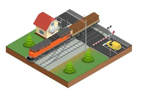 Isometric freight train loaded with pine trunks showcases a powerful locomotive Stock Illustration