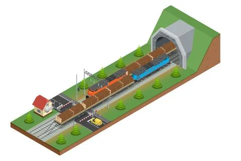 Isometric freight train loaded with pine trunks showcases a powerful locomotive Stock Illustration