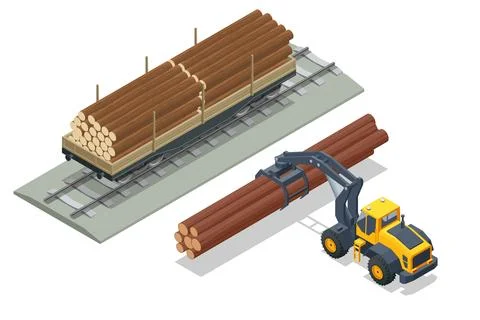 Isometric freight train loaded with pine trunks showcases a powerful locomotive Stock Illustration