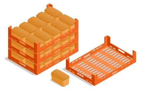 Isometric fresh baked bread in box. Pastry natural organic food. Healthy eating Stock Illustration