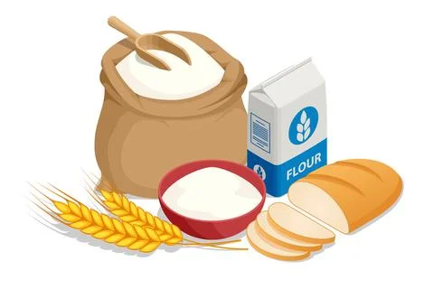 Isometric fresh crispy wheat bread cut into pieces, open sack of flour and ears Illustrazione stock
