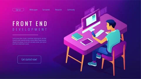 Isometric front end development landing page concept. 스톡 일러스트