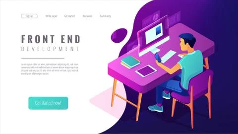 Isometric front end development landing page concept. Illustrazione stock