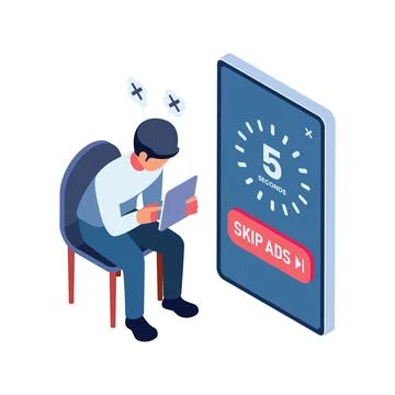 Isometric Frustrated User Waiting to Skip Online Advertisement Stock Illustration
