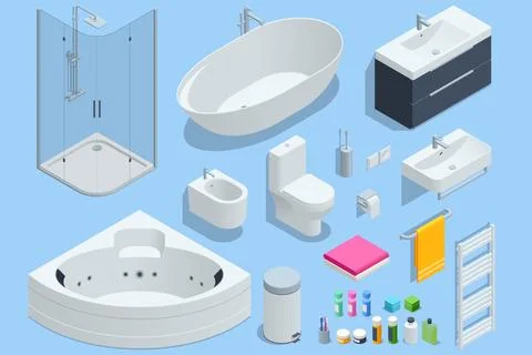 Isometric furniture elements, bathroom elements shower cabin, shower, bathtub Illustrazione stock