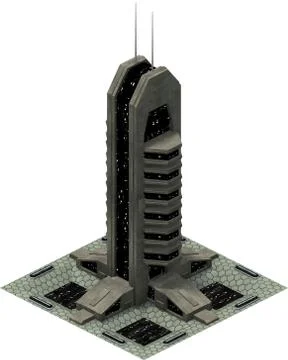 Isometric futuristic sci-fi architecture, space tower. 3D rendering Stock Illustration