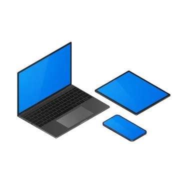 Isometric gadgets set. Laptop and mobile phone, tablet isometric view. Vector Stock Illustration