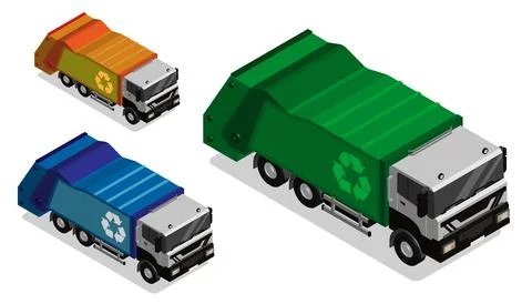 Isometric garbage truck. Collection, sorting and recycling of garbage in the  Stock Illustration