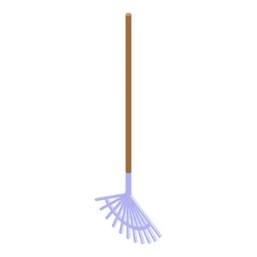 Isometric garden rake standing on its metal teeth with wooden handle Illustration