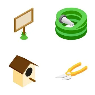 Isometric garden tools and park element icons Illustration