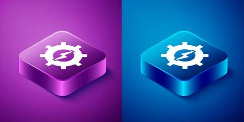 Isometric Gear and lightning icon isolated on blue and purple background Illustrazione stock