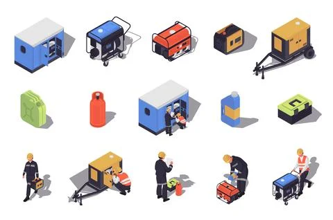 Isometric Generators Maintenance 스톡 일러스트