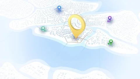 Isometric generic city map with signs. Point of intended goal, many markers. Ilustração Stock