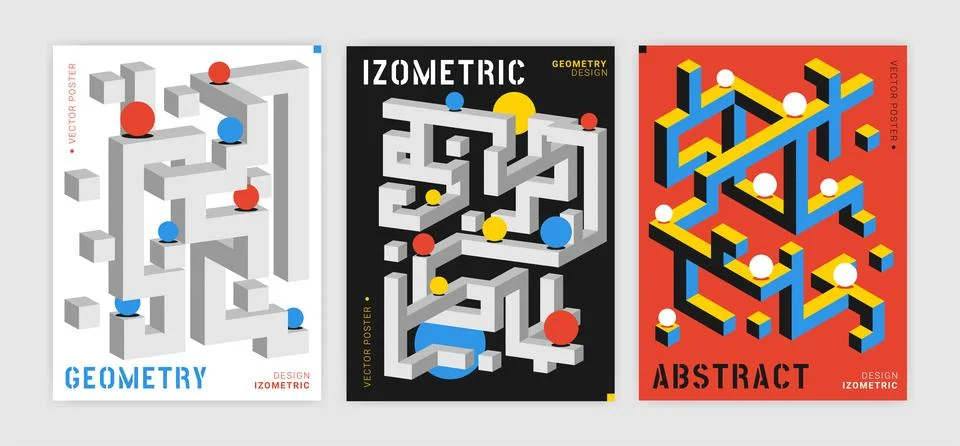 Isometric geometric poster. Abstract cube pattern. 3D perspective design. C.. Illustrazione stock