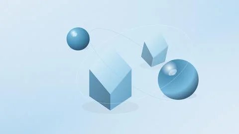 Isometric geometric shapes floating in light blue space with subtle grid line Stock Illustration