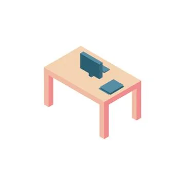 Isometric geometry of an office desk with a computer, a keyboard and some papers Stock Illustration