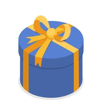 Isometric gift box. Blue closed giftbox with yellow bow. Holiday and festival Stock Illustration
