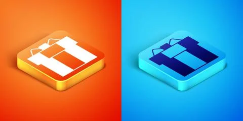 Isometric Gift box icon isolated on orange and blue background. Vector Stock Illustration
