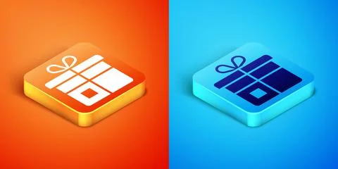 Isometric Gift box icon isolated on orange and blue background. Vector Stock Illustration