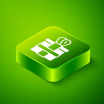 Isometric Gift box icon isolated on green background. Green square button Stock Illustration