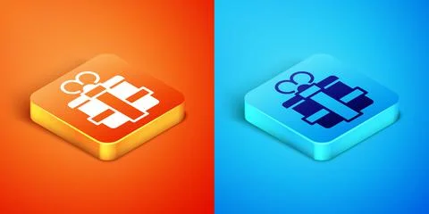 Isometric Gift box icon isolated on orange and blue background. Vector Illustrazione stock