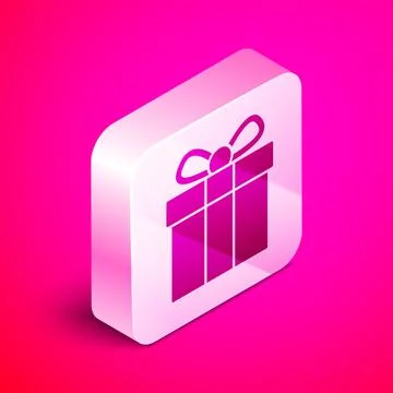 Isometric Gift box icon isolated on pink background. Silver square button 스톡 일러스트