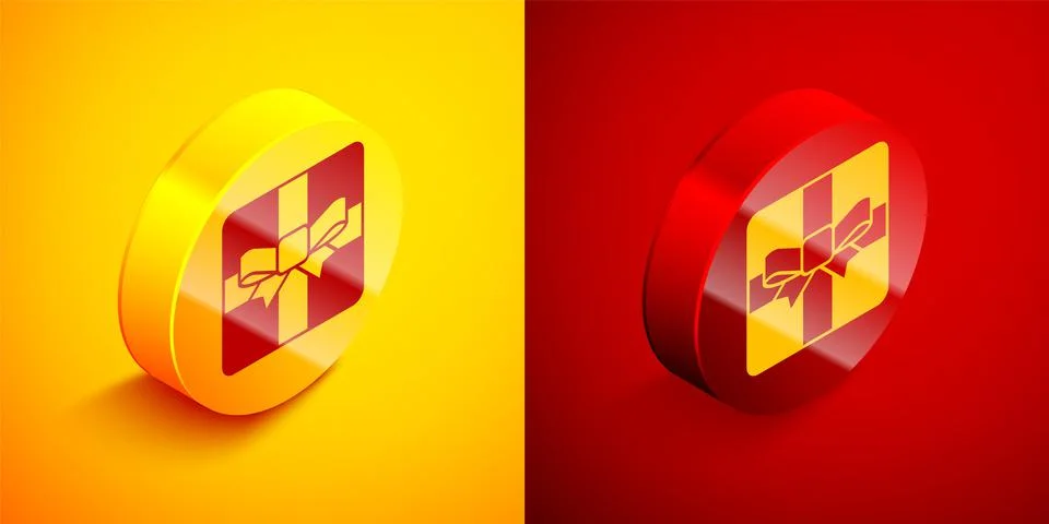 Isometric Gift box icon isolated on orange and red background. Valentines day Illustrazione stock