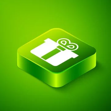 Isometric Gift box icon isolated on green background. Green square button Illustrazione stock