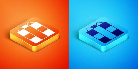 Isometric Gift box icon isolated on orange and blue background. Vector Illustrazione stock