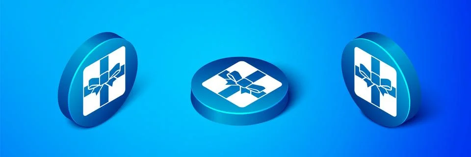 Isometric Gift box icon isolated on blue background. Valentines day. Blue c.. Stock Illustration