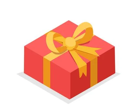 Isometric gift box. Red closed giftbox with yellow bow. Holiday and festival Illustrazione stock