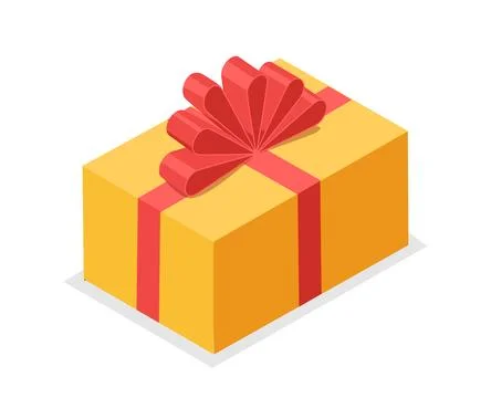 Isometric gift box. Yellow closed giftbox with red bow. Holiday and festival Illustrazione stock