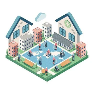 Isometric Global Aging Population with Elderly Using Mobility Aids Stock Illustration