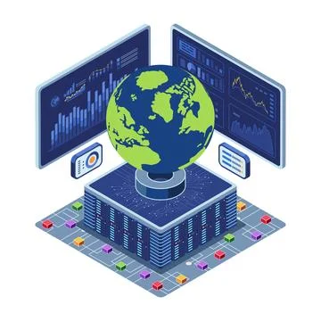 Isometric Global Data Center with Big Data Analytics Screen Illustrazione stock
