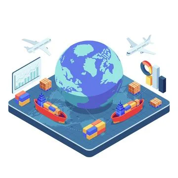 Isometric Global Import and Export Logistics with Trade Routes Stock Illustration