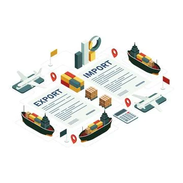 Isometric Global Import Export Logistics and Documentation Stock Illustration