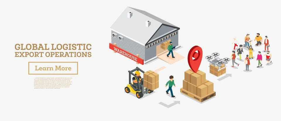 Isometric global logistics export operations with a warehouse, forklift, pa.. 库存插图