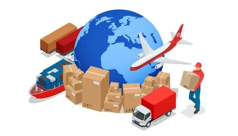 Isometric Global Logistics Network. Air cargo trucking rail transportation Illustrazione stock