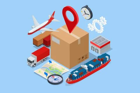 Isometric Global Logistics Network. Air cargo trucking rail transportation Illustrazione stock