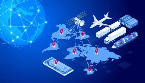Isometric Global logistics network concept. Freight shipping. Satellite tracks Stock Illustration