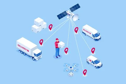 Isometric Global logistics network concept. Freight shipping. Satellite tracks Illustrazione stock