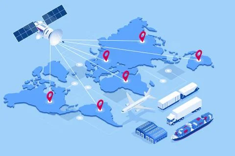 Isometric Global logistics network concept. Freight shipping. Satellite tracks Stock Illustration