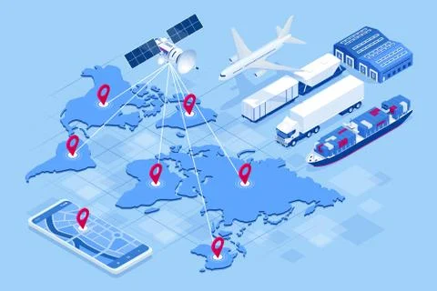 Isometric Global logistics network concept. Freight shipping. Satellite tracks Stock Illustration